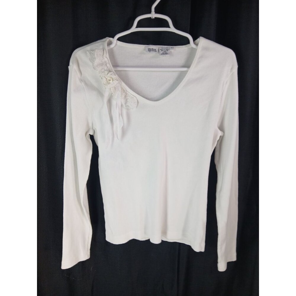 Vintage Together White Ribbed Cotton Long Sleeve Top Lace Ribbon L Cottagecore